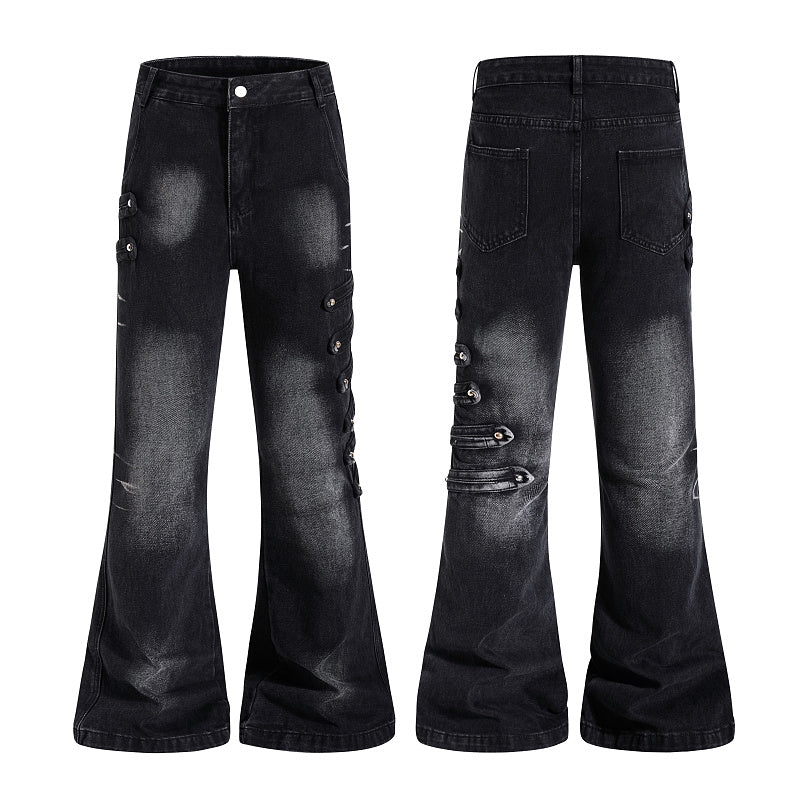 Yiaknis Black Washed Flared Jeans with Button Side Straps, Black