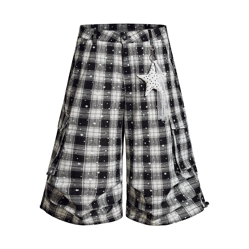 Yiaknis Black and White Plaid Wide-Leg Cropped Trousers, Star Print