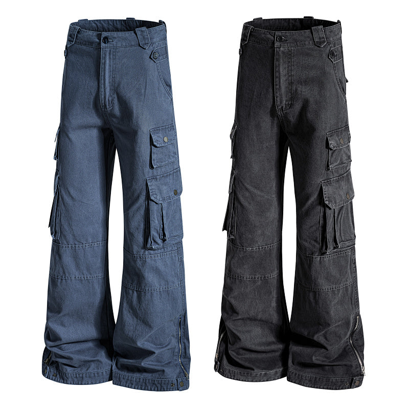 Yiaknis Wide-Leg Cargo Trousers with Flap Pockets, Blue and Dark Grey – photo 3