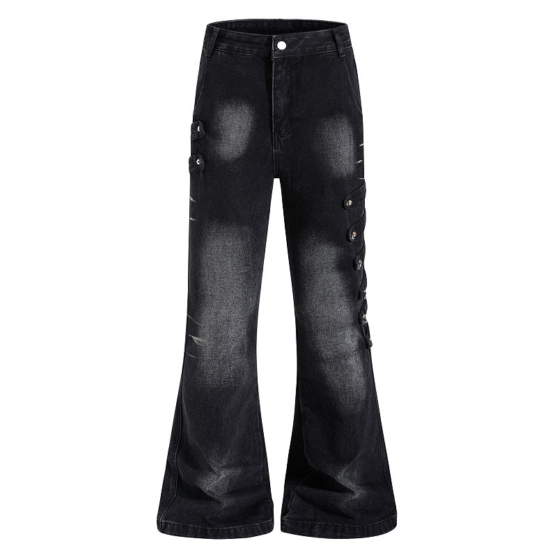 Yiaknis Black Washed Flared Jeans with Button Side Straps, Black