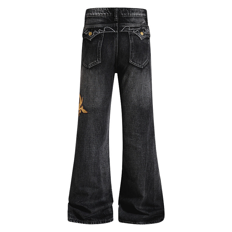 Yiaknis Black Flared Jeans with Gold Leg Embroidery