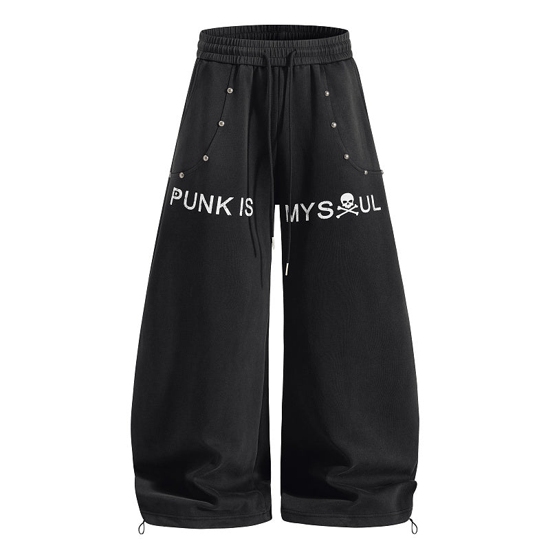 Yiaknis Wide-Leg Sweatpants with Punk Letter Print and Studs, Black