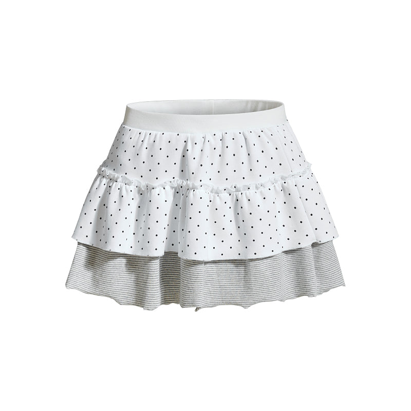 Yiaknis Polka Dot Mini Skirt, Grey Striped Underskirt, White and Grey