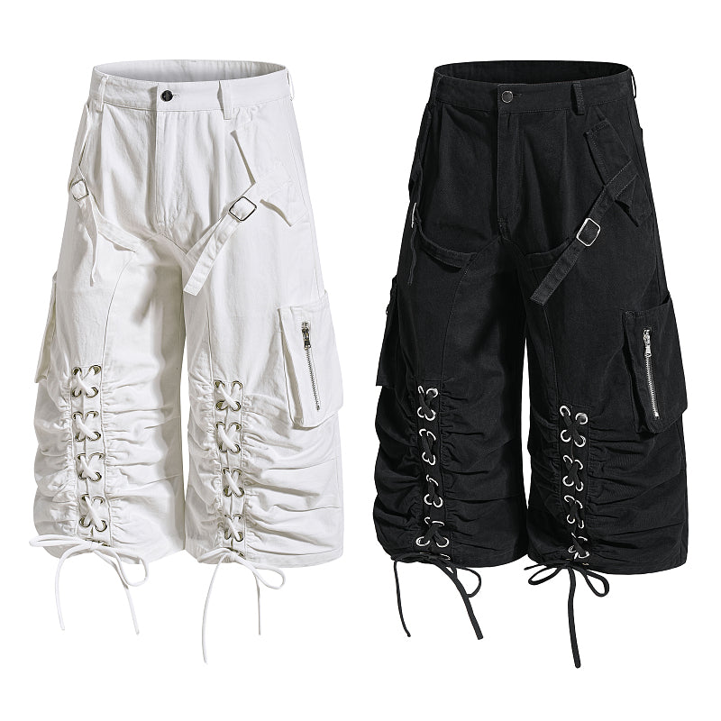 Yiaknis Wide-Leg Cropped Cargo Trousers, Lace-Up Legs, Off White and Black – photo 4