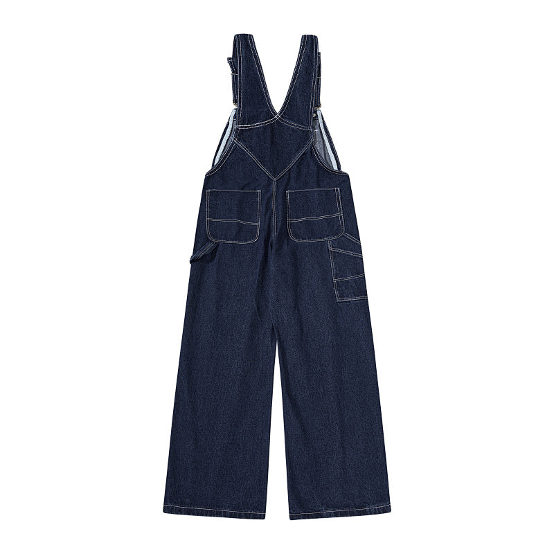 Yiaknis Wide-Leg Denim Overalls, Bib and Cargo Pockets, Dark Blue and Black