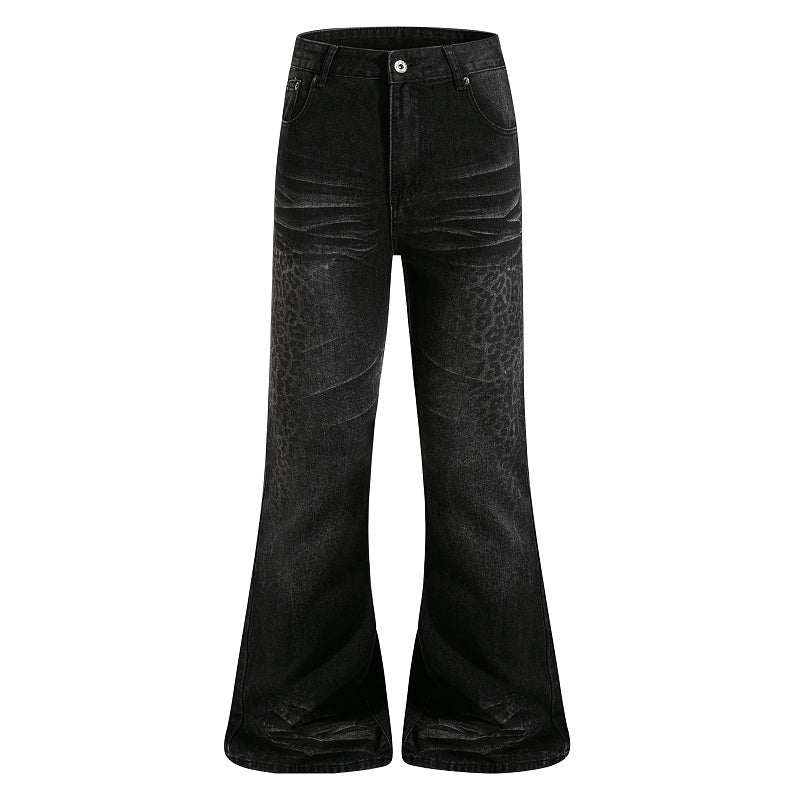 Yiaknis Black Washed Flared Jeans with Leopard Pattern, Black