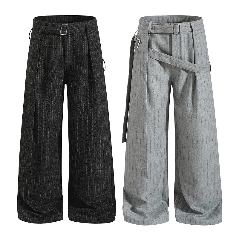 Yiaknis Black and Light Grey Pinstripe Wide-Leg Trousers, Belt Strap