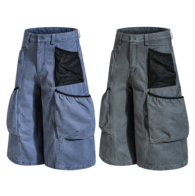 Yiaknis Wide-Leg Cropped Cargo Trousers, Mesh Panel, Blue and Grey – photo 4