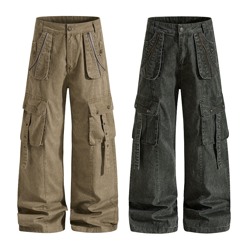 Yiaknis Wide-Leg Cargo Trousers, Flap Pockets, Khaki and Dark Green – photo 4