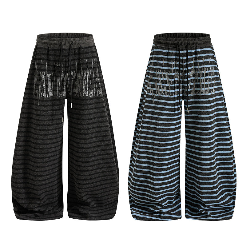 Yiaknis Wide-Leg Striped Sweatpants with Text Print, Black and Blue