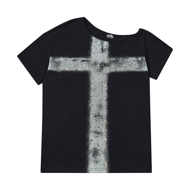 Yiaknis Women's T-Shirt, Large Studded Cross Print, Black and White – photo 4