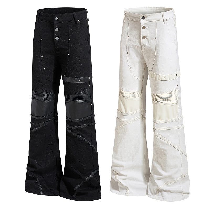 Yiaknis Black and White Flared Jeans with Leather-Look Panels