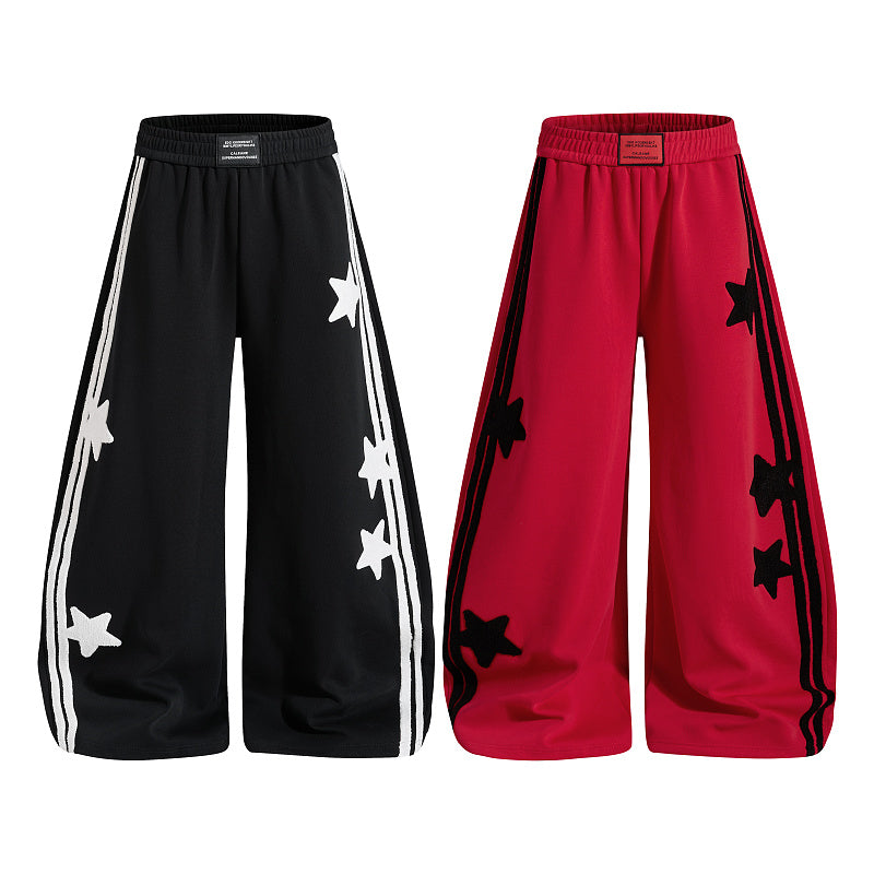 Yiaknis Wide-Leg Sweatpants with Star Side Stripes, Black and Red
