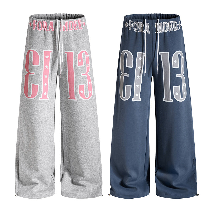 Yiaknis Wide-Leg Sweatpants with Large 13 Print, Light Grey and Blue