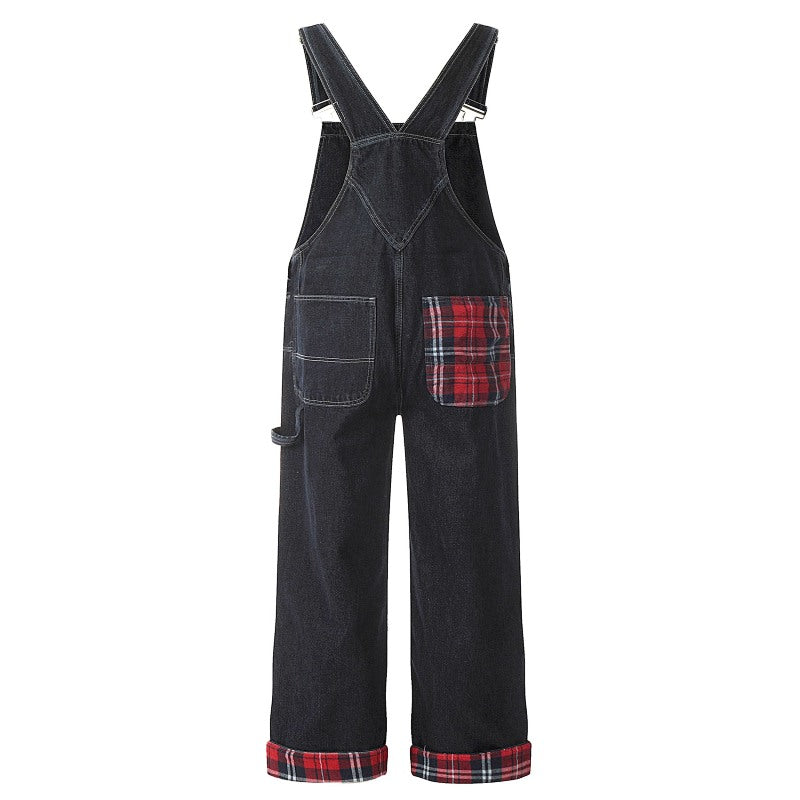 Yiaknis Dark Denim Overalls with Red Plaid Pockets and Cuffs