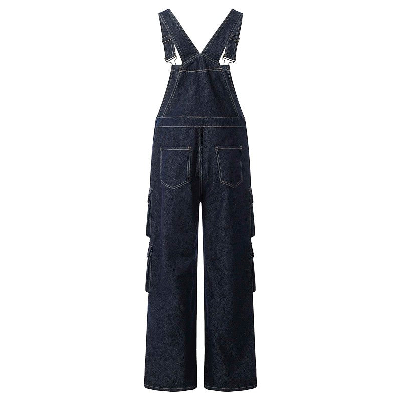 Yiaknis Dark Denim Cargo Overalls with Multiple Pockets - Wide Leg