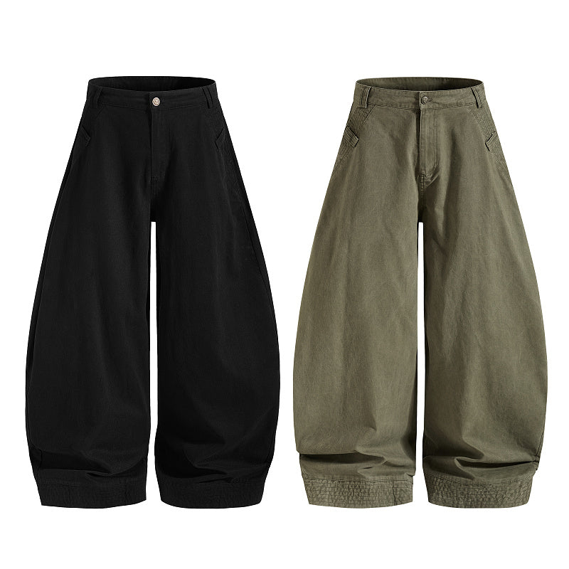 Yiaknis Baggy Barrel-Leg Trousers, Elastic Cuffs, Black and Dark Green