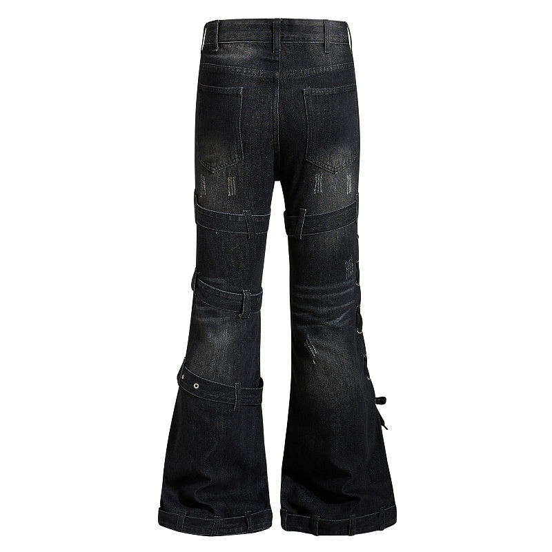 Yiaknis Black Washed Flared Jeans with Buckle Straps