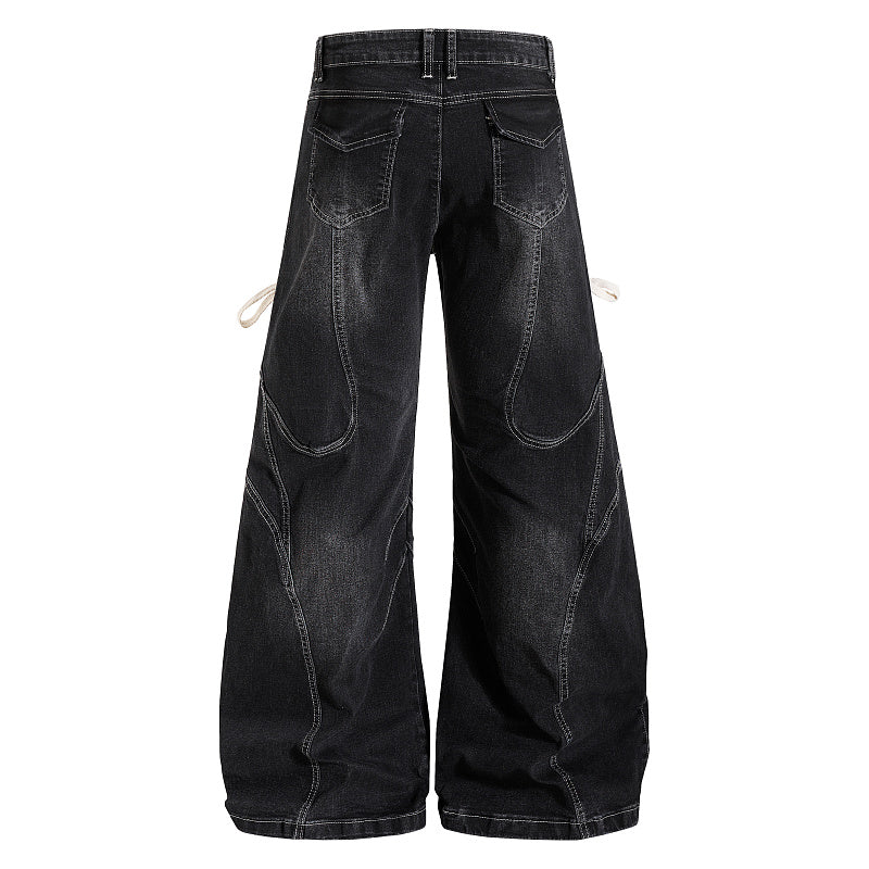 Yiaknis Black Washed Curved-Leg Jeans with Lace-Up Sides, Black