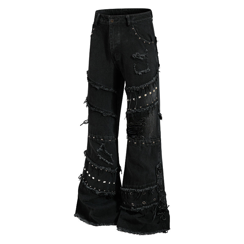 Yiaknis Black Flared Jeans with Studs and Lace-Up Panels