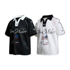 Yiaknis Men's Black and White V-Neck Polo Shirt, Script and Flag Print – photo 4
