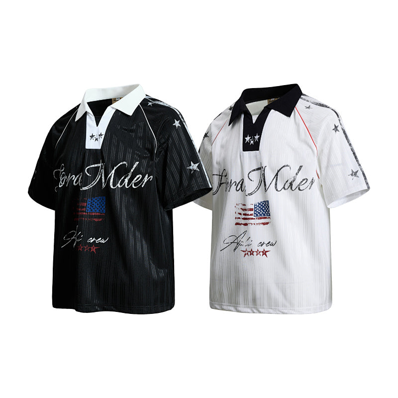 Yiaknis Men's Black and White V-Neck Polo Shirt, Script and Flag Print – photo 4
