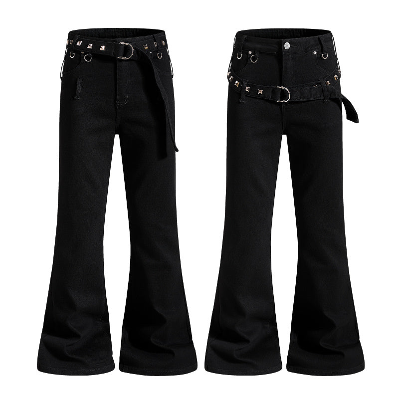Yiaknis Flared Trousers with Studded Belt and Metal Rings, Black – photo 4