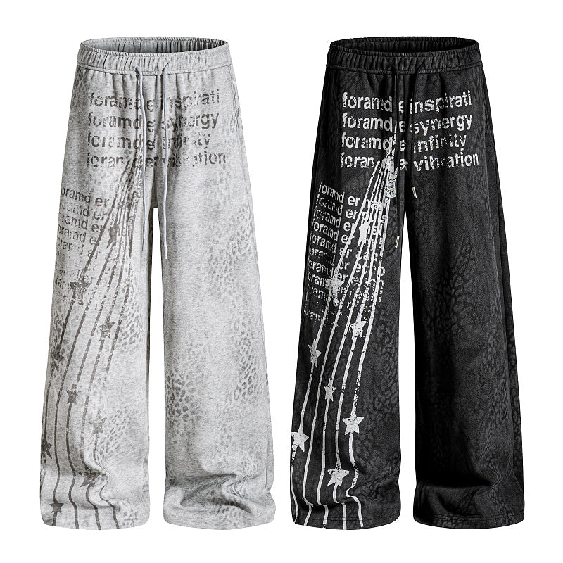 Yiaknis Wide-Leg Sweatpants, Letter and Star Print, Light Grey and Black