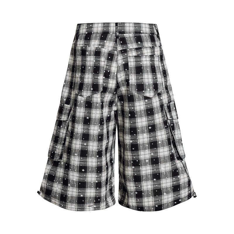 Yiaknis Black and White Plaid Wide-Leg Cropped Trousers, Star Print