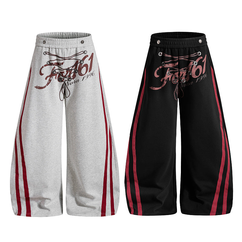 Yiaknis Wide-Leg Sweatpants, Red Side Stripes, Light Grey and Black