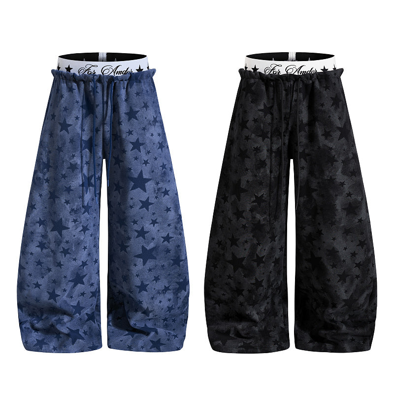 Yiaknis Wide-Leg Star Print Sweatpants, Script Print, Blue and Black