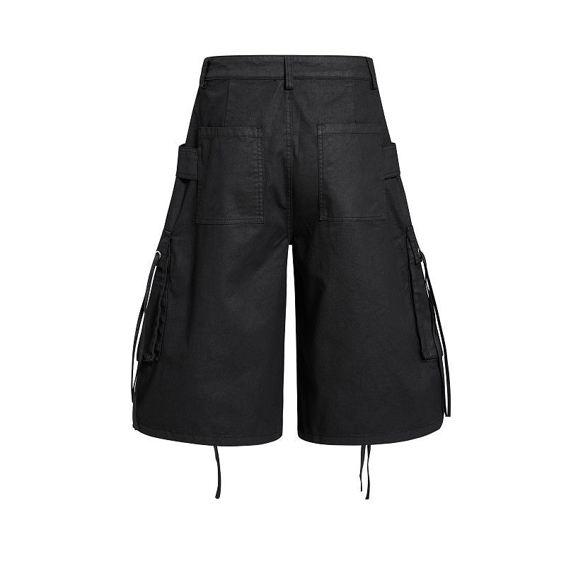 Yiaknis Black Wide-Leg Cargo Shorts with Drawstring Hems