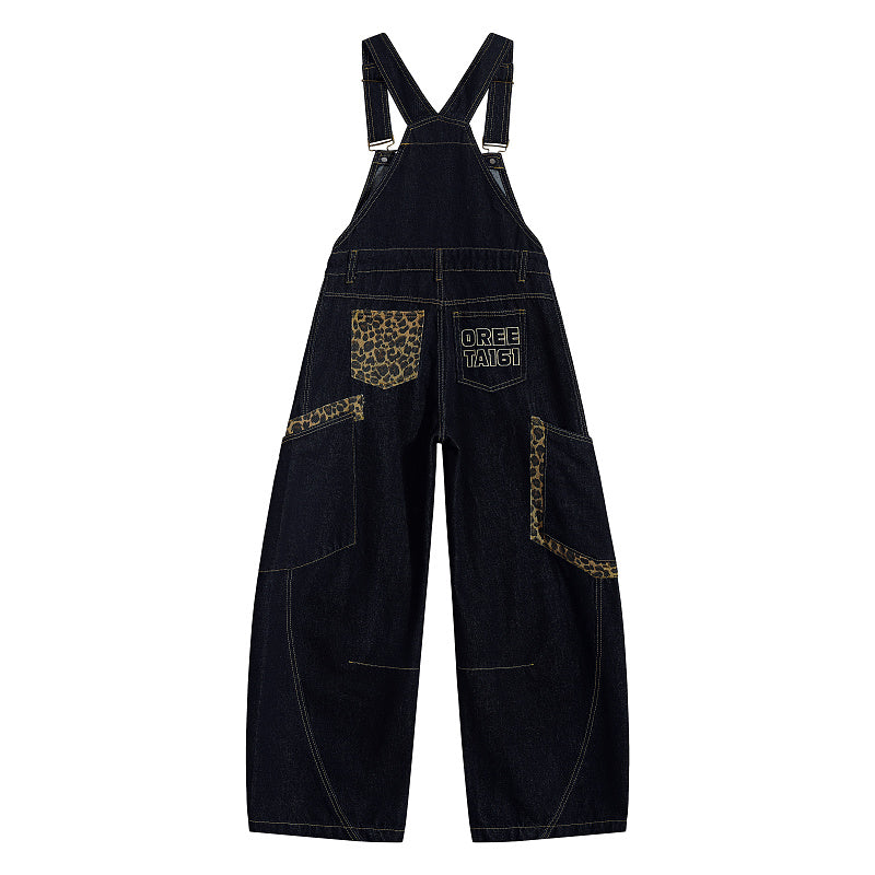 Yiaknis Denim Overalls with Leopard Print Pocket Trim - Dark Denim