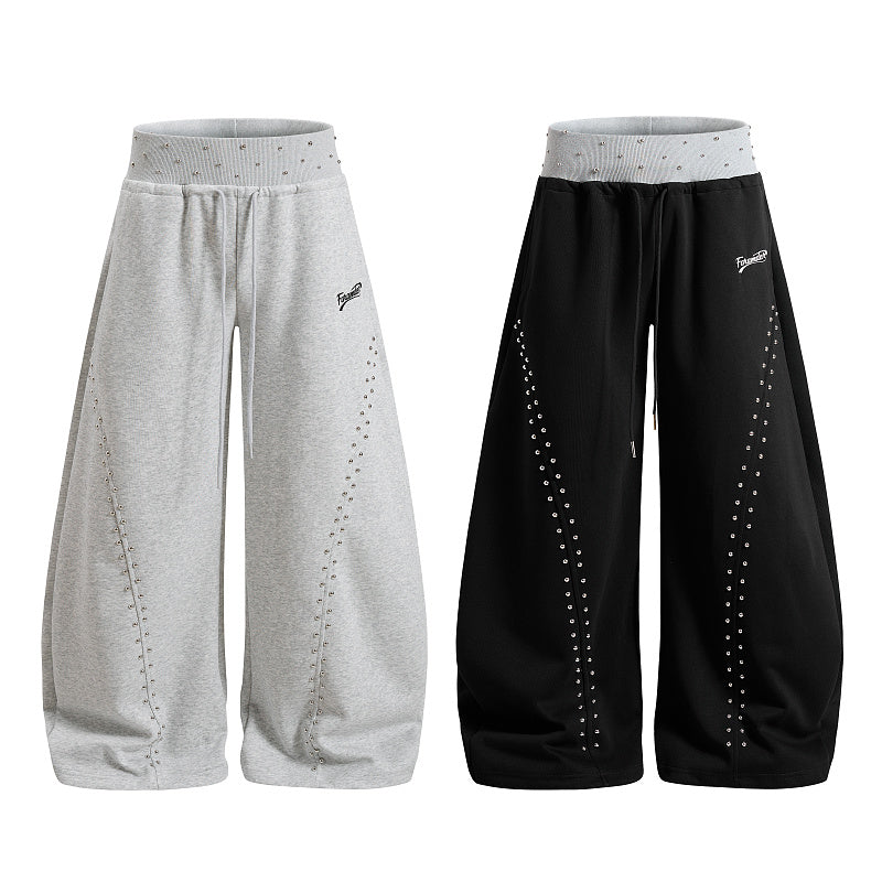 Yiaknis Wide-Leg Sweatpants, Studded Side Lines, Light Grey and Black