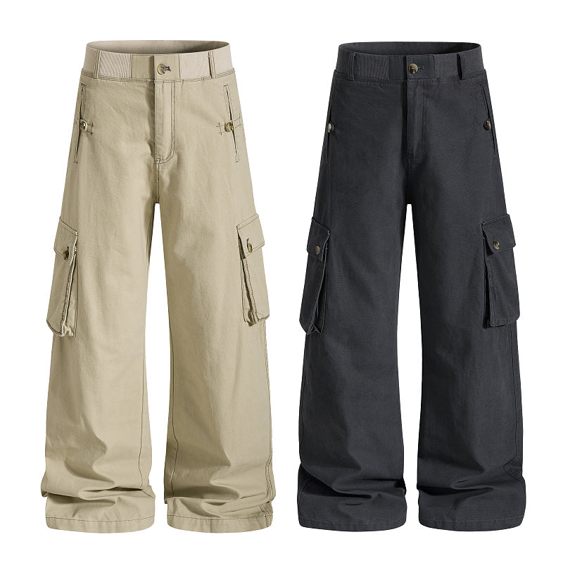 Yiaknis Khaki and Dark Grey Wide-Leg Cargo Trousers with Elastic Back Waist – photo 4