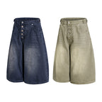 Yiaknis Wide-Leg Cropped Denim Trousers, Button Fly, Blue and Khaki – photo 4