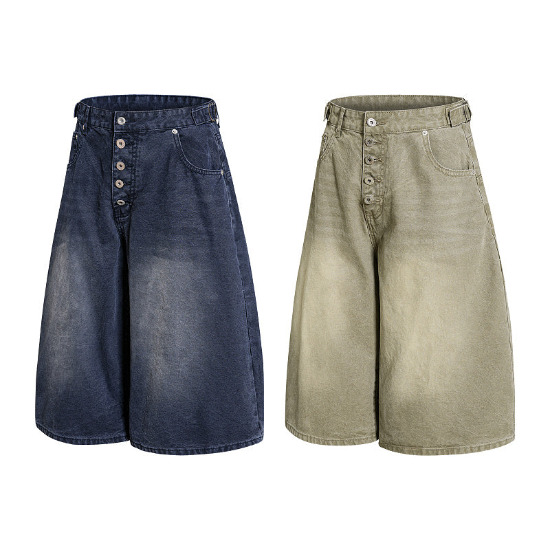 Yiaknis Wide-Leg Cropped Denim Trousers, Button Fly, Blue and Khaki – photo 4