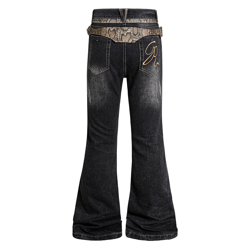 Yiaknis Black Washed Flared Jeans with Snake-Print Belt