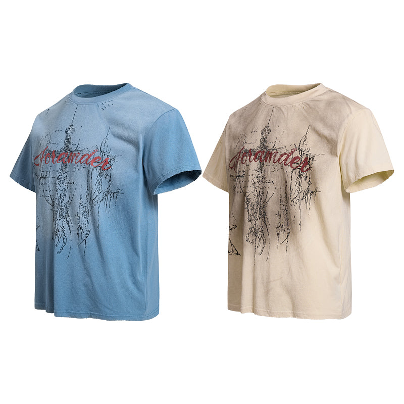 Yiaknis Washed T-Shirt, Red Script Print, Blue and Beige – photo 4