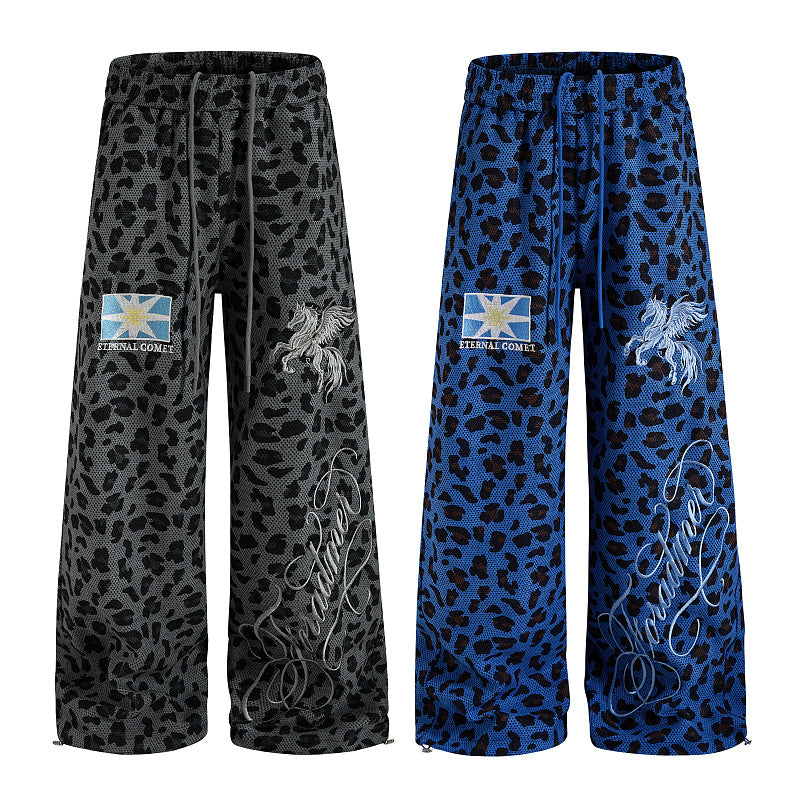 Yiaknis Leopard Print Sweatpants, Embroidered Patch, Grey and Blue
