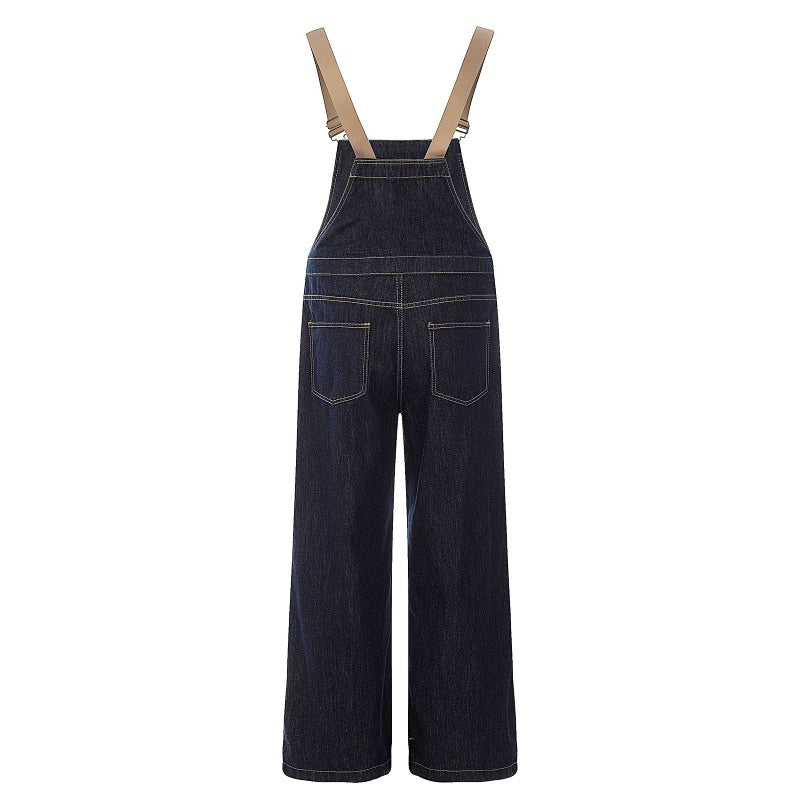 Yiaknis Dark Denim Wide-Leg Overalls with Tan Straps