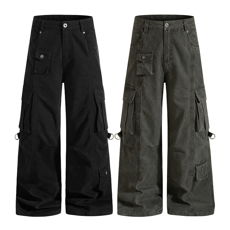 Yiaknis Wide-Leg Cargo Trousers, D-Ring Pockets, Black and Dark Green – photo 4
