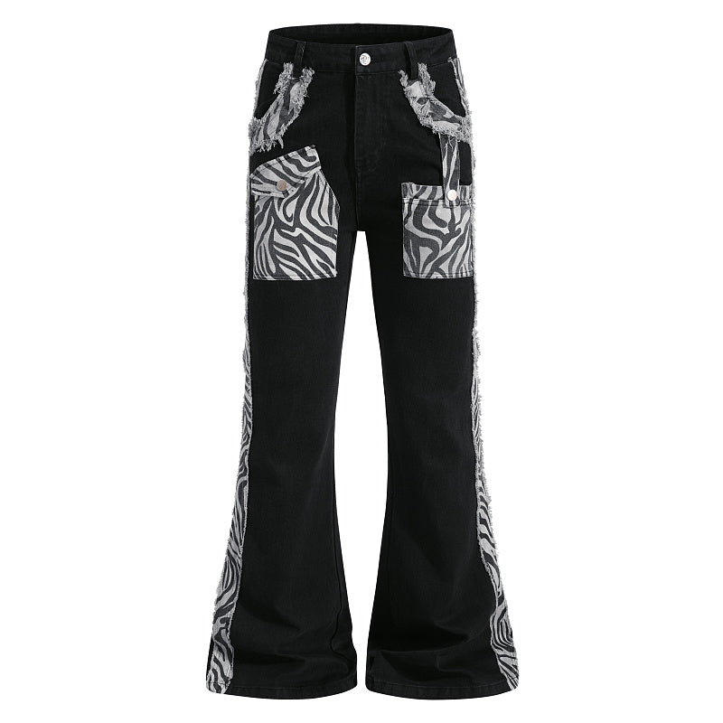 Yiaknis Black Flared Trousers with Zebra-Print Panels, Black