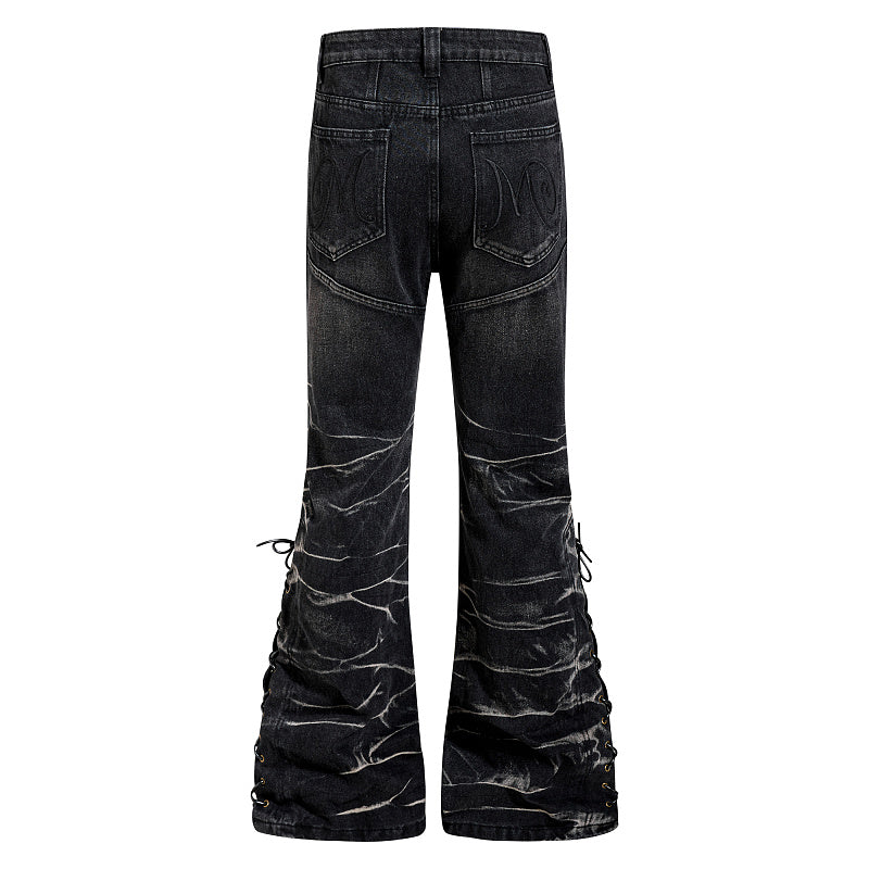 Yiaknis Black Washed Flared Jeans with Lace-Up Legs