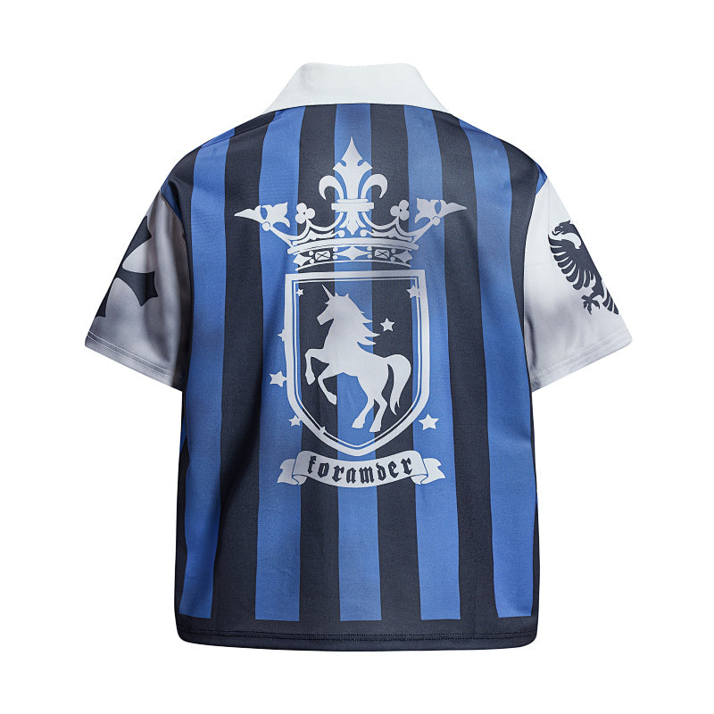Yiaknis Men's Blue and Black Striped Short-Sleeve Top with Crest Print – photo 4