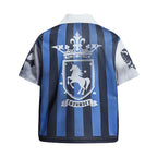 Yiaknis Men's Blue and Black Striped Short-Sleeve Top with Crest Print – photo 4