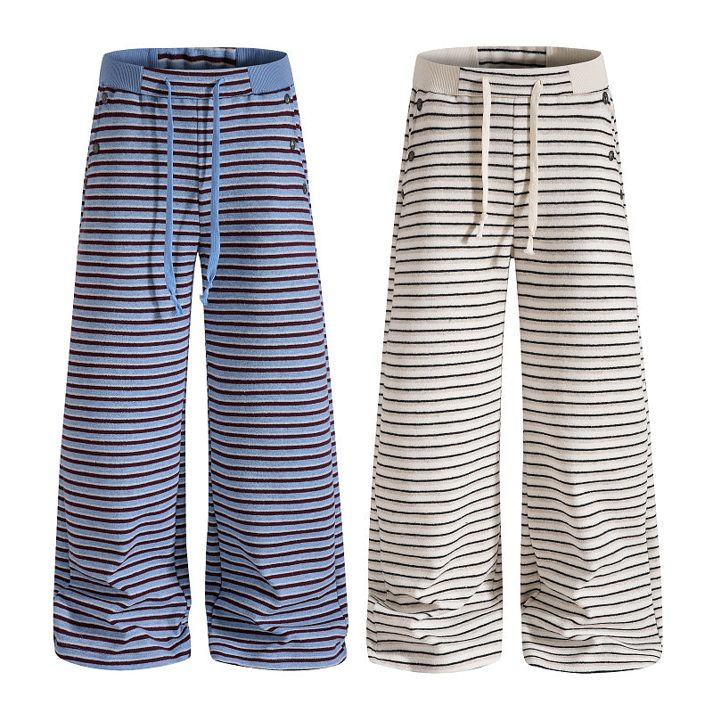 Yiaknis Wide-Leg Striped Sweatpants, Wing Print, Blue and Beige Stripes