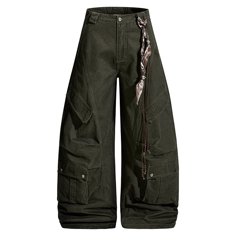 Yiaknis Wide-Leg Cargo Trousers, Snap Pockets, Dark Green and Black – photo 4