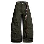 Yiaknis Wide-Leg Cargo Trousers, Snap Pockets, Dark Green and Black – photo 4