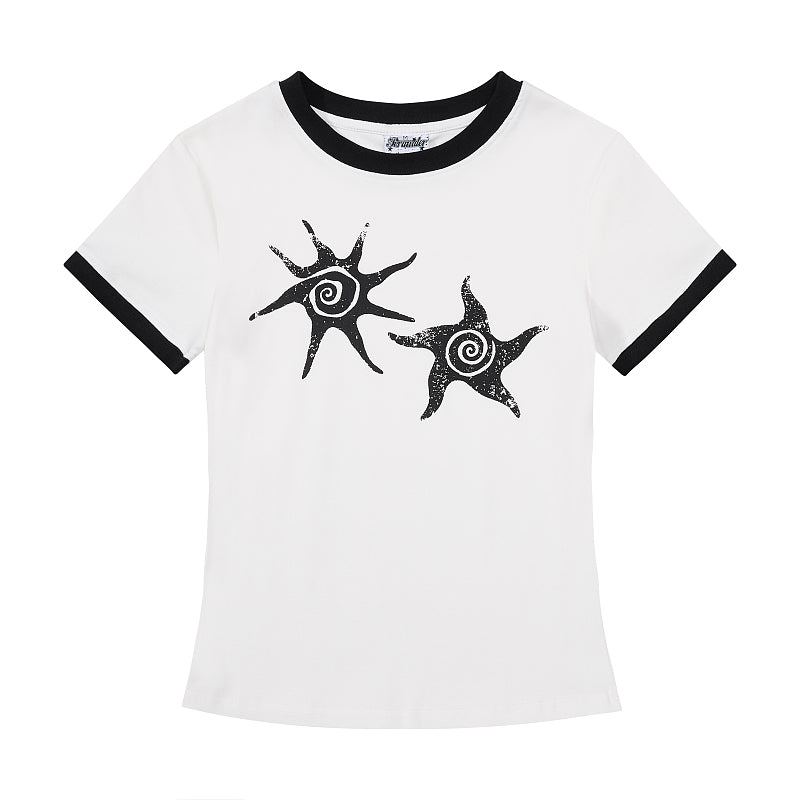 Yiaknis Women's Top, Star Print, White with Black or Red Trim – photo 4